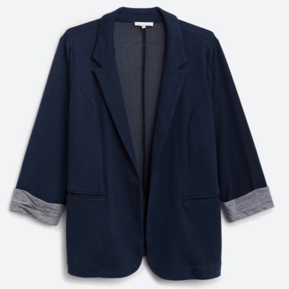 SKIES ARE BLUE Women's S Asa Textured Knit Open Blazer Dark Blue Gray Stripe